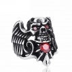 Bague homme punk-rock en acier  tte de mort aile et pierres rouges