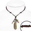 Collier cuir avec plume, tte de mort, croix et couteau