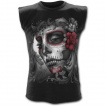 Débardeur homme gothique avec tête de mort, femme masquée et roses