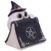 Figurine chouette  chapeau de sorcire cache derrire un grimoire (15cm)