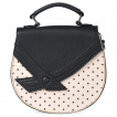 Petit sac besace demi-lune blanc cass  pois noirs avec rabat noir en forme de noeud