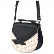 Petit sac besace demi-lune blanc cass  pois noirs avec rabat noir en forme de noeud