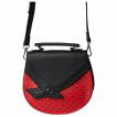 Petit sac besace demi-lune rouge  pois noirs avec rabat noir en forme de noeud