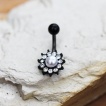 Piercing nombril fleur noire  strass clairs et perle