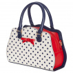 Sac  main style vintage blanc  pois bleus et noeud rouge 