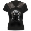 T-shirt femme gothique à col V avec chat noir à ailes et dents de vampire