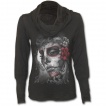 T-shirt femme gothique à col bénitier avec femme masquée et roses