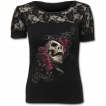 T-shirt femme gothique à dentelle avec tête de mort sur lit de roses et tribal