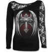 T-shirt femme gothique à manche de dentelle avec croix macabre à ailes d'ange