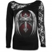 T-shirt femme gothique  manche de dentelle avec croix macabre  ailes d'ange