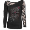 T-shirt femme gothique à manche longue en dentelle avec croix et rose