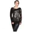 T-shirt femme gothique  manche longue en dentelle avec lion rugissant sur fond tribal