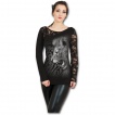 T-shirt femme gothique à manche longue en dentelle avec lion rugissant sur fond tribal