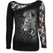 T-shirt femme gothique à manche longue en dentelle avec lion rugissant sur fond tribal
