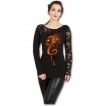 T-shirt femme gothique  manche longue en dentelle avec sombre dragon de feu et symbole tribal