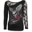 T-shirt femme gothique à manche longue en dentelle avec tête de mort ailée