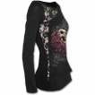 T-shirt femme gothique à manche longue en dentelle avec tête de mort sur lit de roses et tribal
