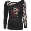 T-shirt femme gothique à manche longue en dentelle avec tête de mort sur lit de roses et tribal