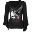 T-shirt femme gothique à manches amples et col V avec corbeau, tombe et pleine lune