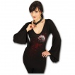 T-shirt femme gothique à manches amples et col V avec rose ensanglanté et éclaboussures