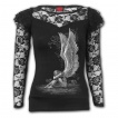 T-shirt femme gothique à manches en dentelle avec ange à ailes déployées sur pentagramme