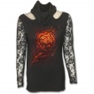 T-shirt femme gothique  manches longues et capuche avec rose de flammes