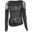 T-shirt femme gothique à manches longues et épaules en dentelle avec motif corset de cuir et métal