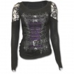 T-shirt femme gothique  manches longues et paules en dentelle avec motif corset de cuir et mtal