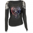 T-shirt femme gothique à manches longues et épaules en dentelle à manches voilées avec dragons formant un coeur