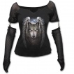 T-shirt femme gothique  manches longues style gant avec loup  ailes d'anges