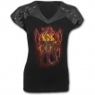 T-shirt femme noir gothique à manches courtes rivetées avec dragon tribal en feu