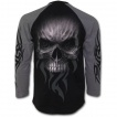 T-shirt gothique homme noir et gris  manches longues avec effroyable tte de mort et motifs tribaux