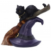 Statuette chaton sur balais et chapeau de sorcire