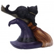 Statuette chaton sur balais et chapeau de sorcire