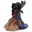 Statuette chaton sur balais et chapeau de sorcire