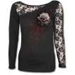 T-shirt femme gothique  manche longue en dentelle avec rose ensanglant et claboussures