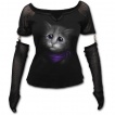 T-shirt femme gothique  manches longues style gant avec chat au regard attendrissant