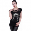 Top femme mancherons dentelle avec chat noir  ailes et dents de vampire