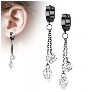 Anneaux d'oreilles croles  chainettes et zirconiums en acier Noir