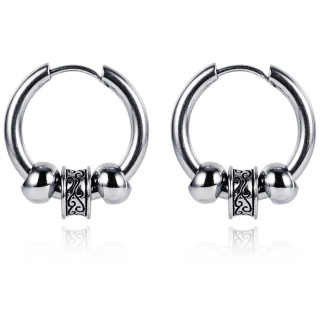 Anneaux d'oreilles homme acier  cylindre grav et perles (paire)