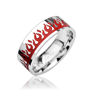 Bague acier avec flammes rouges