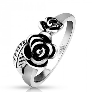 Bague femme argent noircie en acier avec duo de roses et feuille