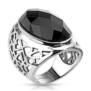 Bague femme acier dentelle de coeurs et pierre d'onyx