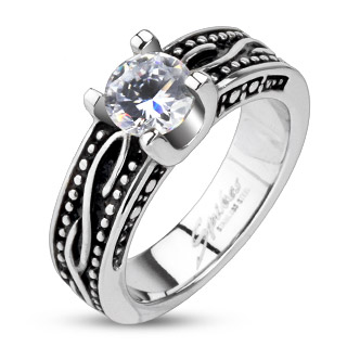 Bague femme acier sertie  vagues et pointillets en relief