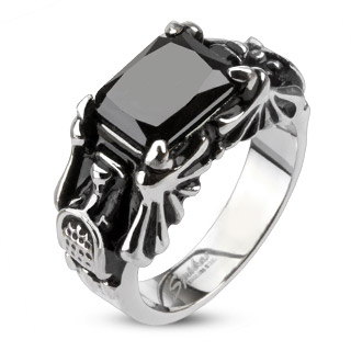 Bague femme en acier  aile de chauve souris et onyx