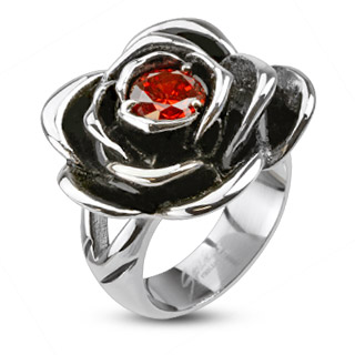 Bague femme en acier  rose noircie avec pierre rouge