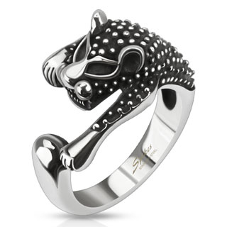 Bague femme en acier avec panthre noire perle