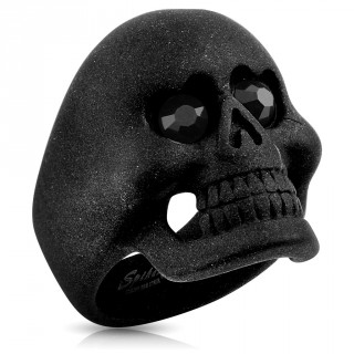 Bague homme  tte de mort en acier noir mat avec yeux sertis