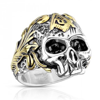 Bague homme acier  crane avec symbole Maonnique