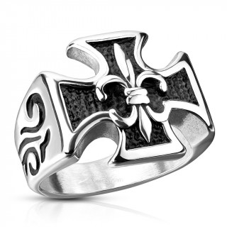 Bague homme acier  croix de Malte et Fleur de Lys